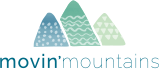 the logo of movin' mountains. It is 3 simple mountain shapes in light blue, green, and light green with blue text below that says movin' mountains.